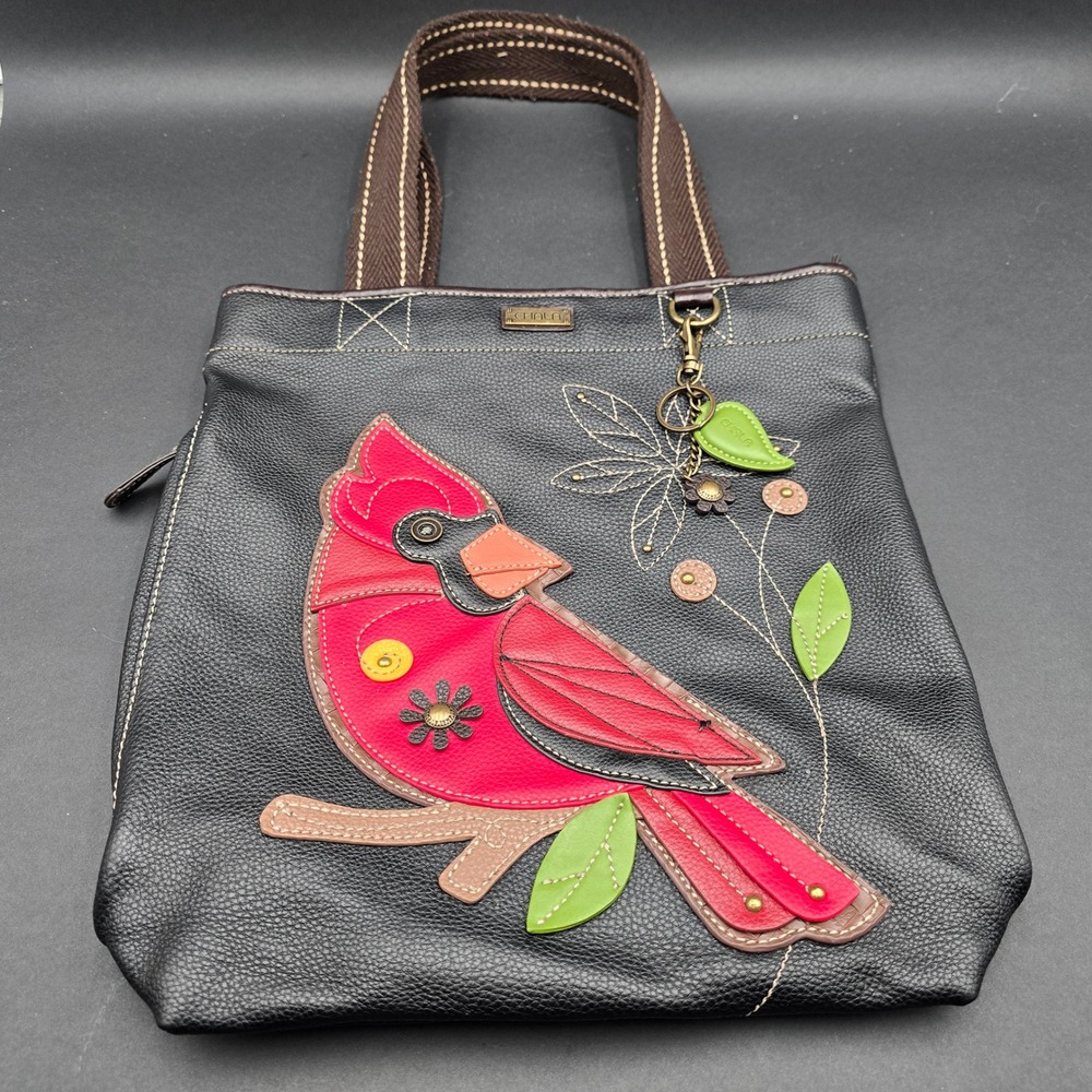 Chala Handbags Cardinal Bird Large Tote Black Vegan Leather Shoulder Bag